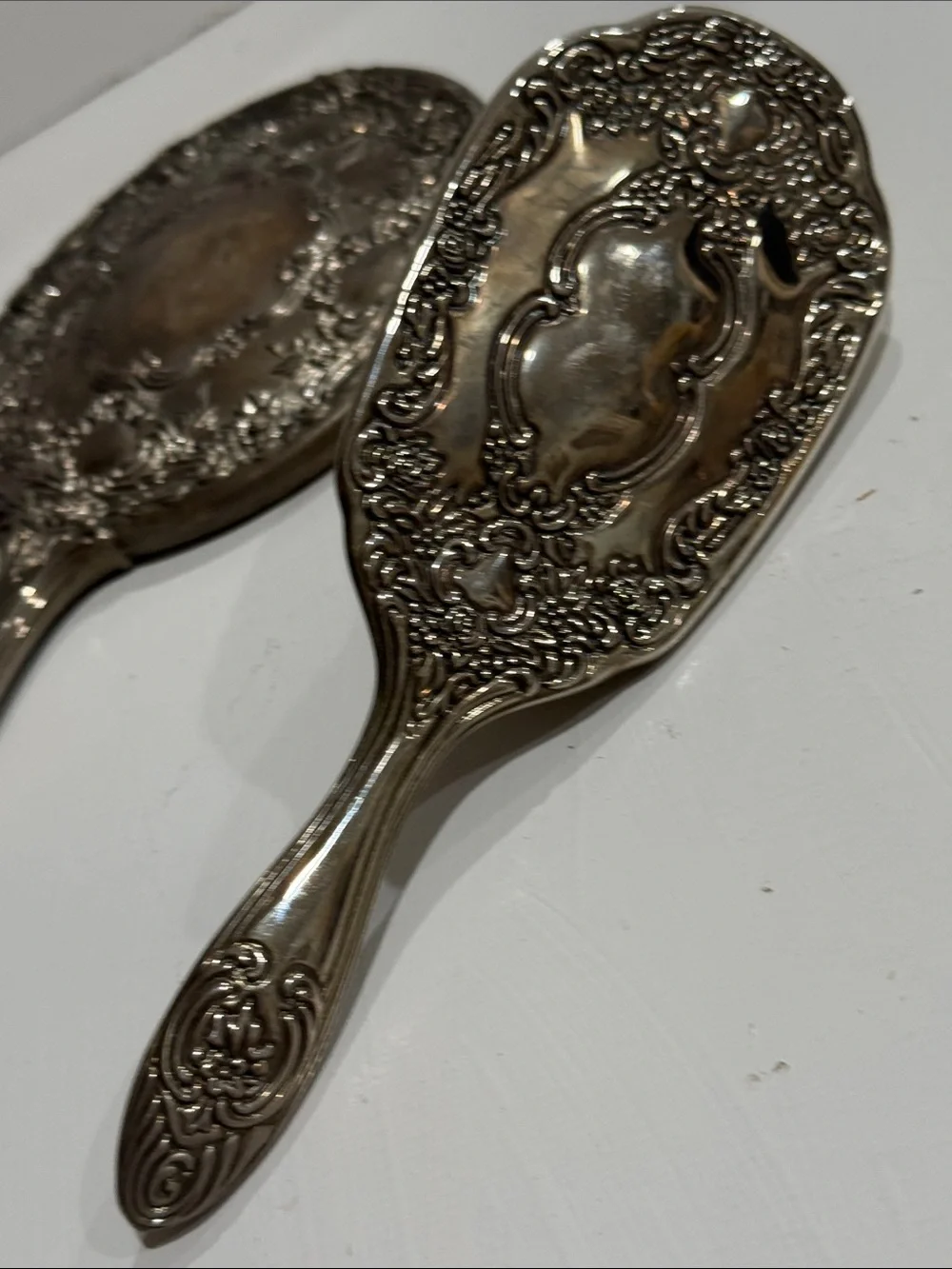 Silver Plated Vanity Dresser Set Hand Mirror, Cream Brush & Comb